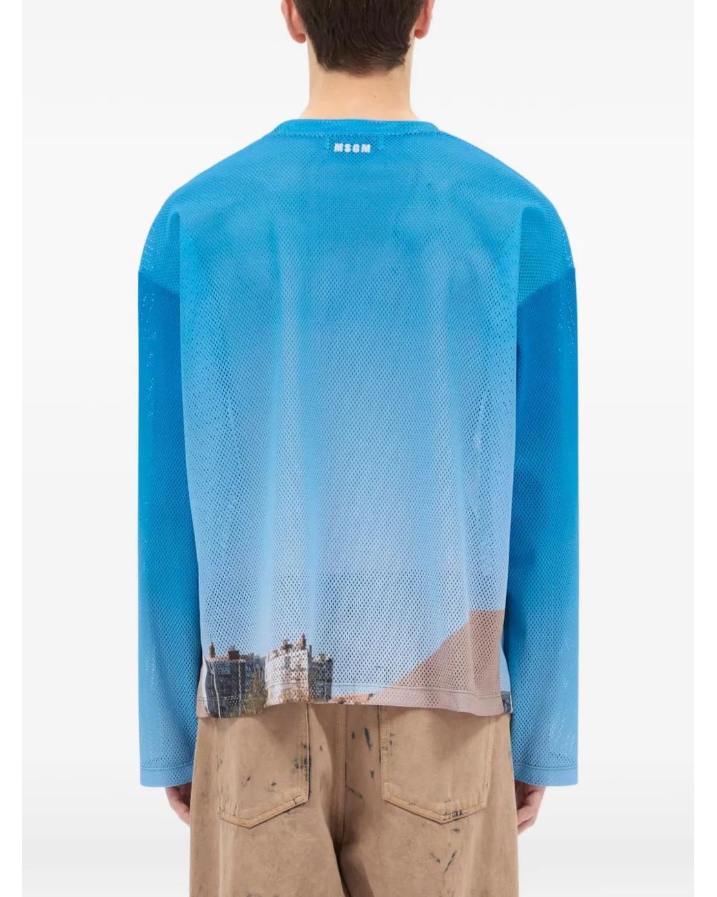MSGM Blue T-Shirt Imprimé À Manches Longues for men