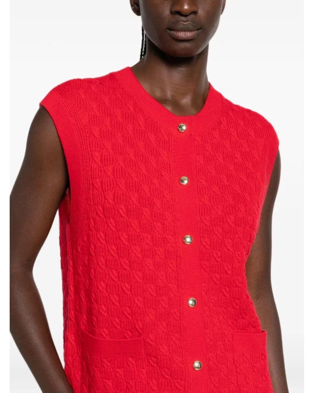 Maje Red Cable-Knit Sleeveless Cardigan