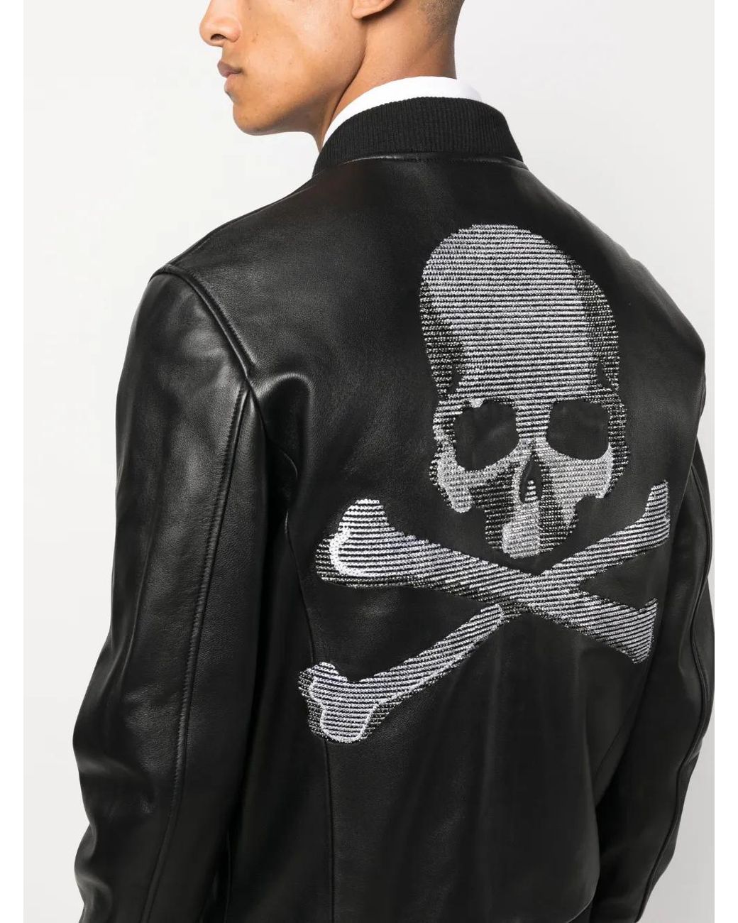Philipp Plein Black Skull&Bones Leather Jacket for men