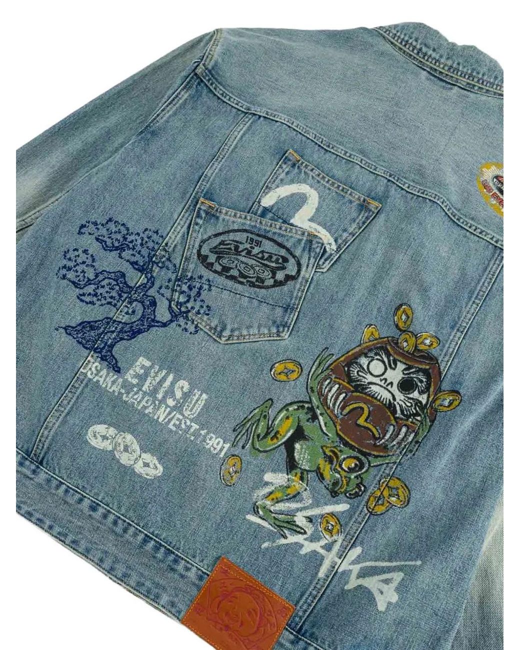 Evisu Blue Fortune Theme Hand-Painted Denim Jacket for men