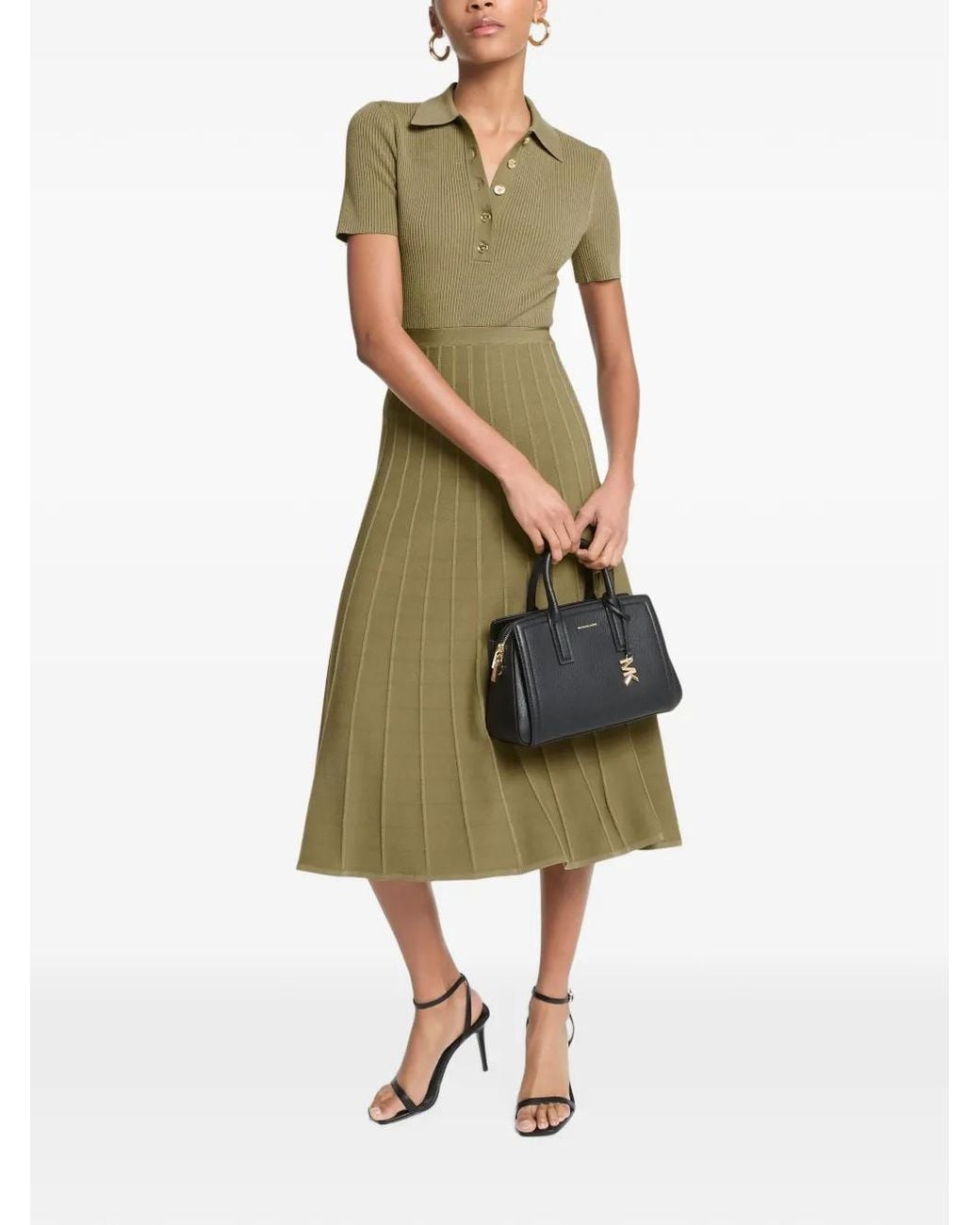 Michael Kors Green Ribbed-Knit Polo Midi Dress