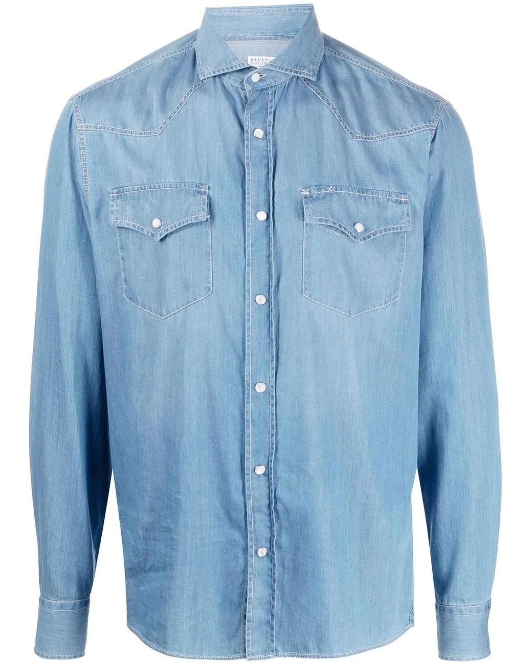 Brunello Cucinelli Blue Denim Cotton Shirt for men