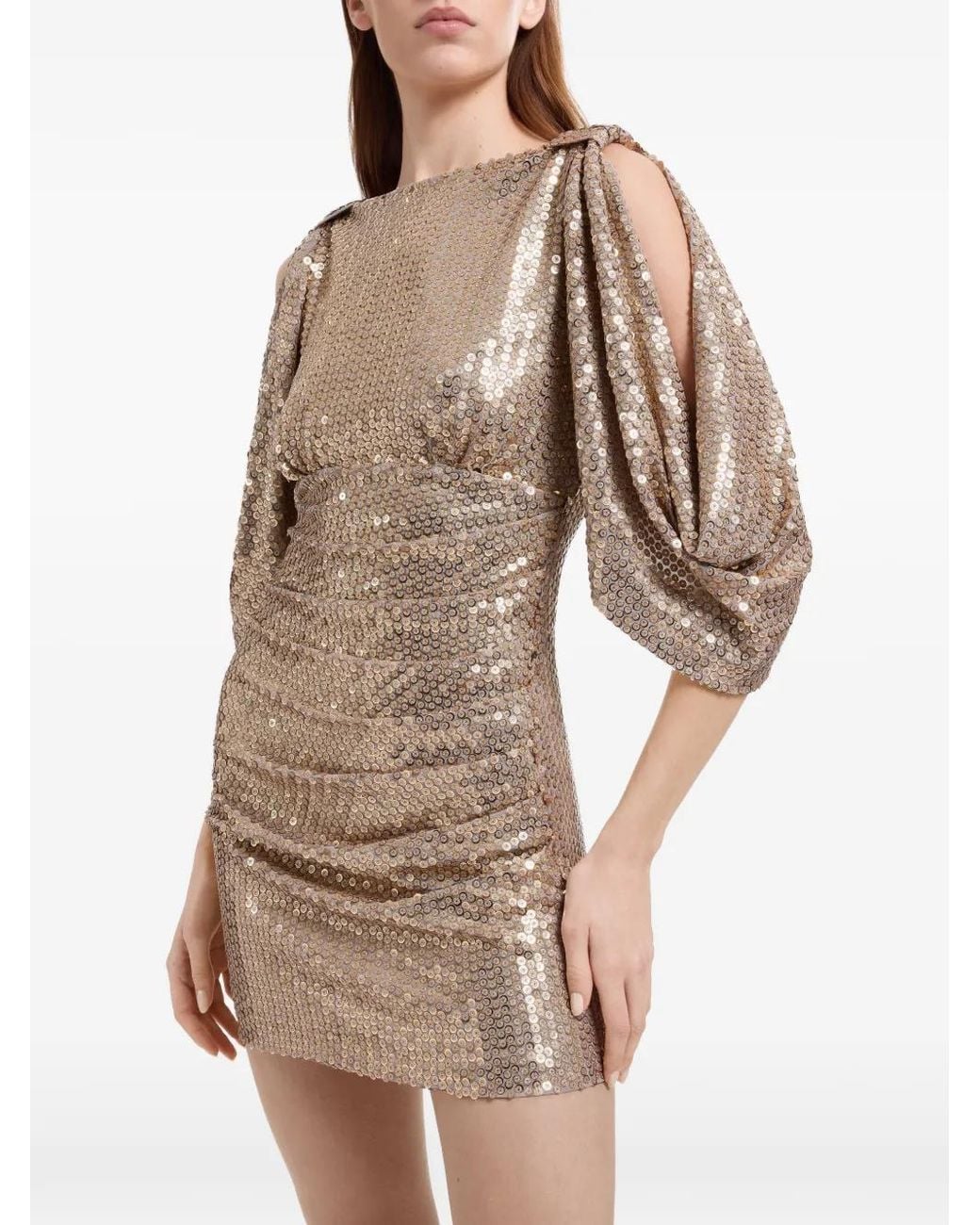 Elie Saab Natural Sequin-Embellished Cold-Shoulder Mini Dress