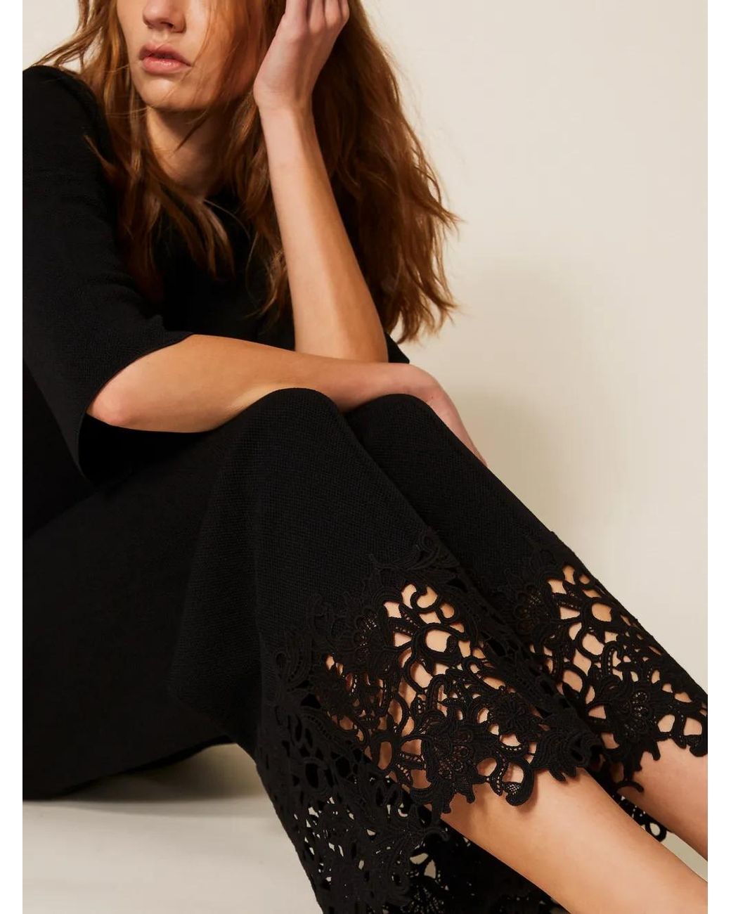 Twinset Black Knit Trousers With Lace