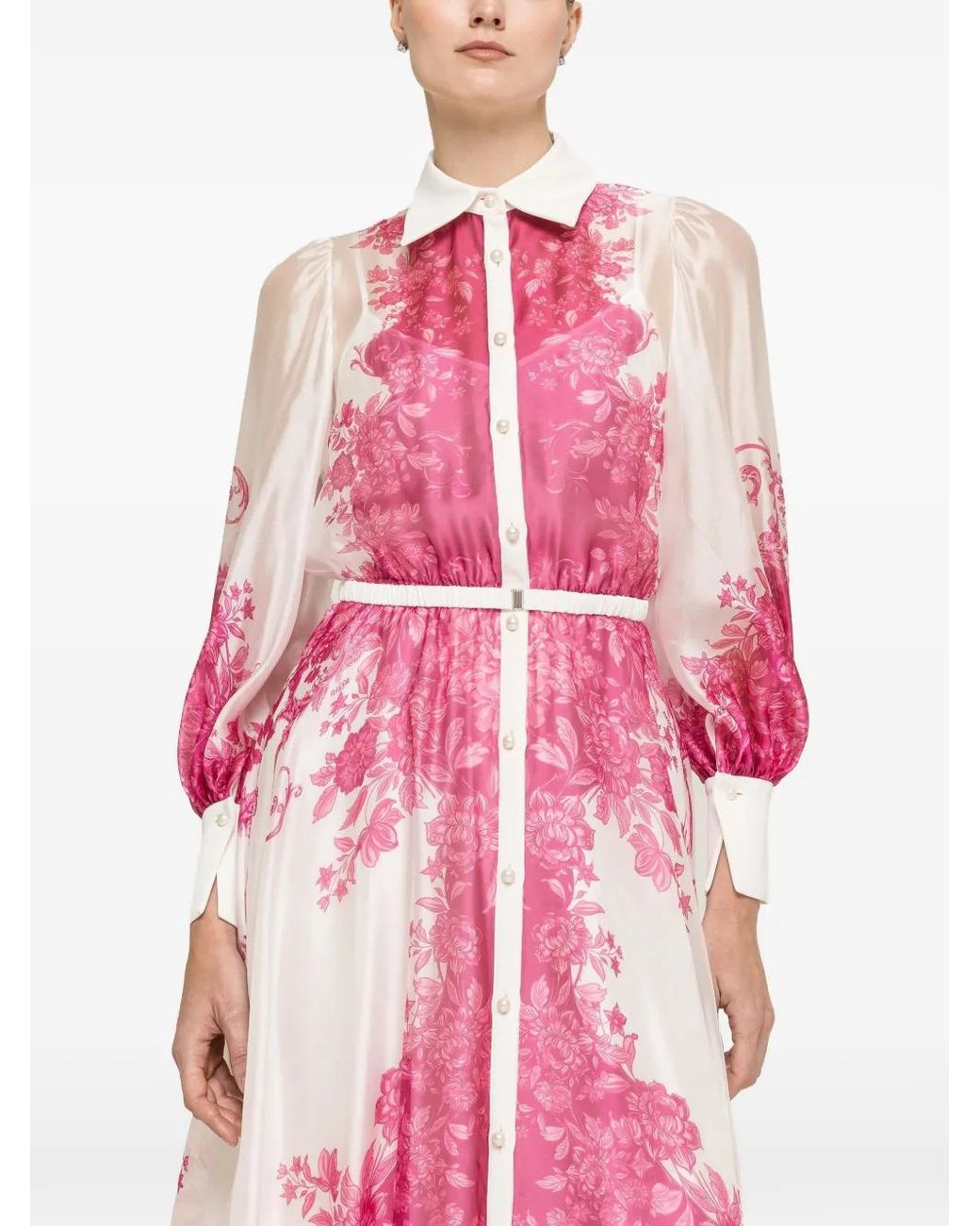 Nissa Pink Printed Organza Midi Dress