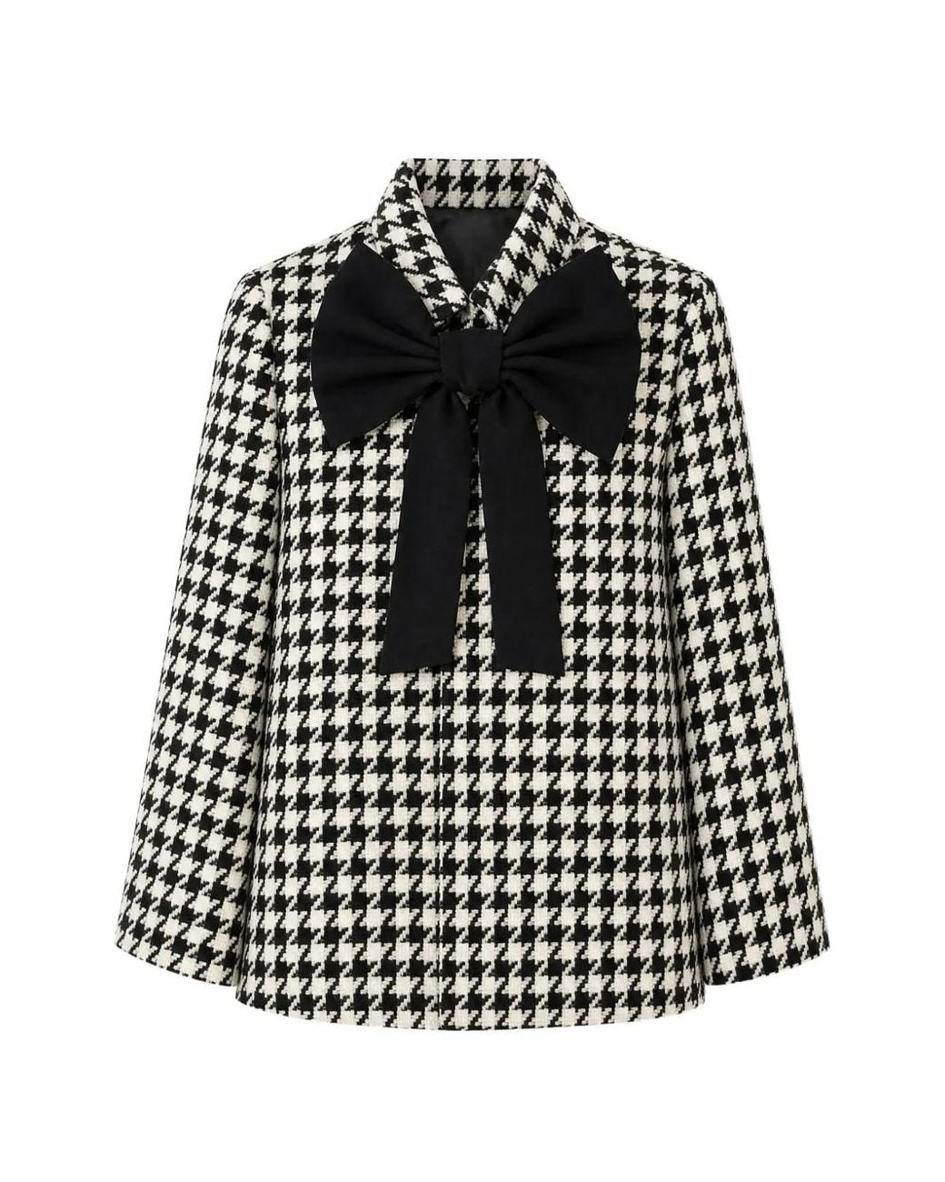 Alice + Olivia Black Philippa Houndstooth-Pattern Bow-Detail Cape