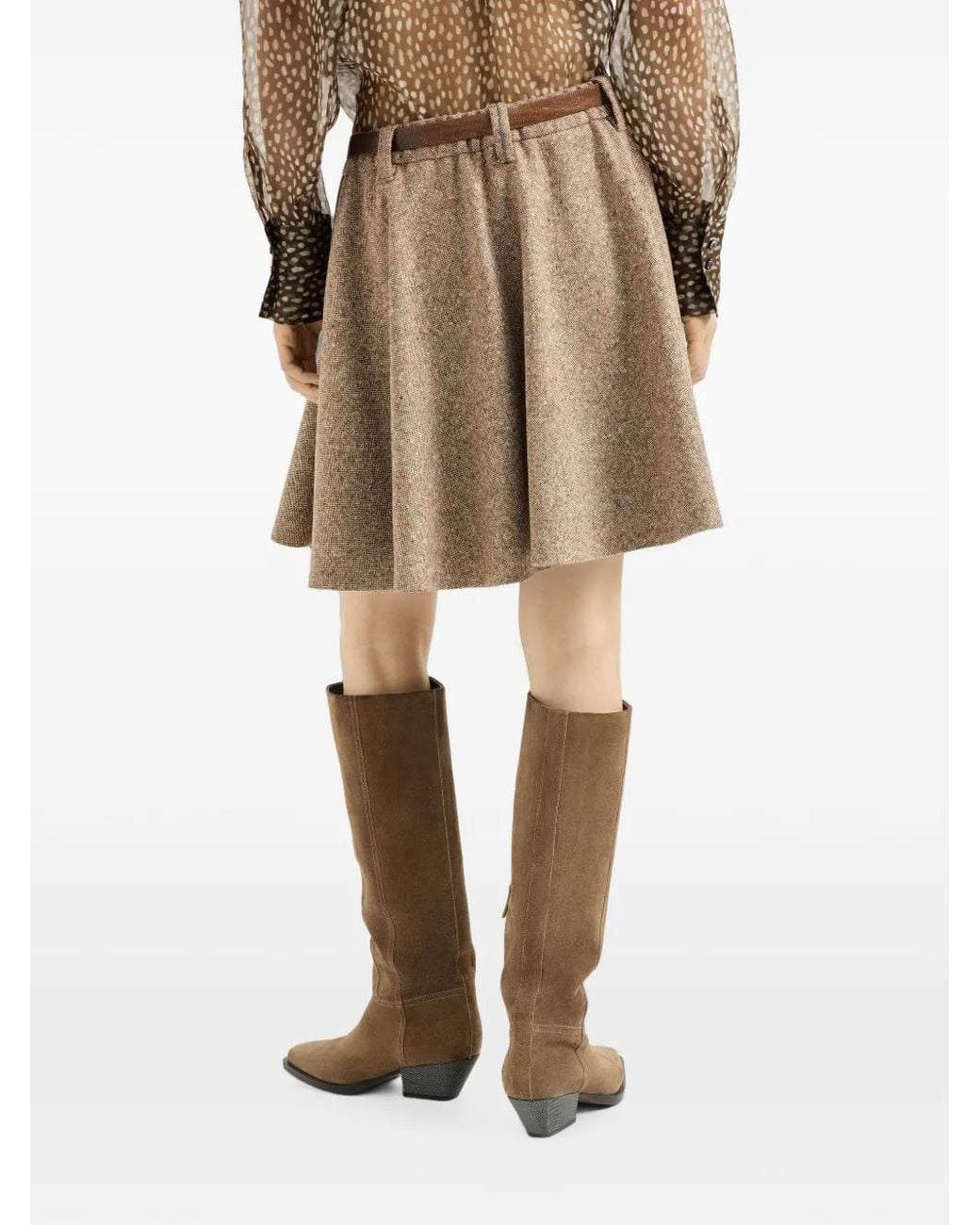 Brunello Cucinelli Brown Virgin Wool Donegal Mini Circle Skirt With Monili