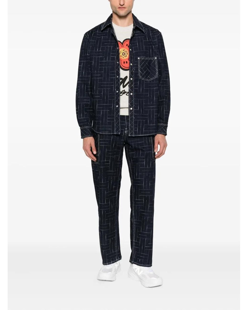 KENZO Blue Geometric-Pattern Cotton Shirt for men