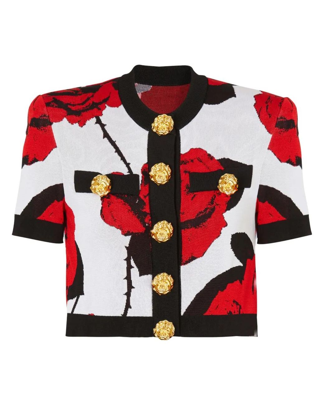 Balmain Red Cardigan With Rose Motif