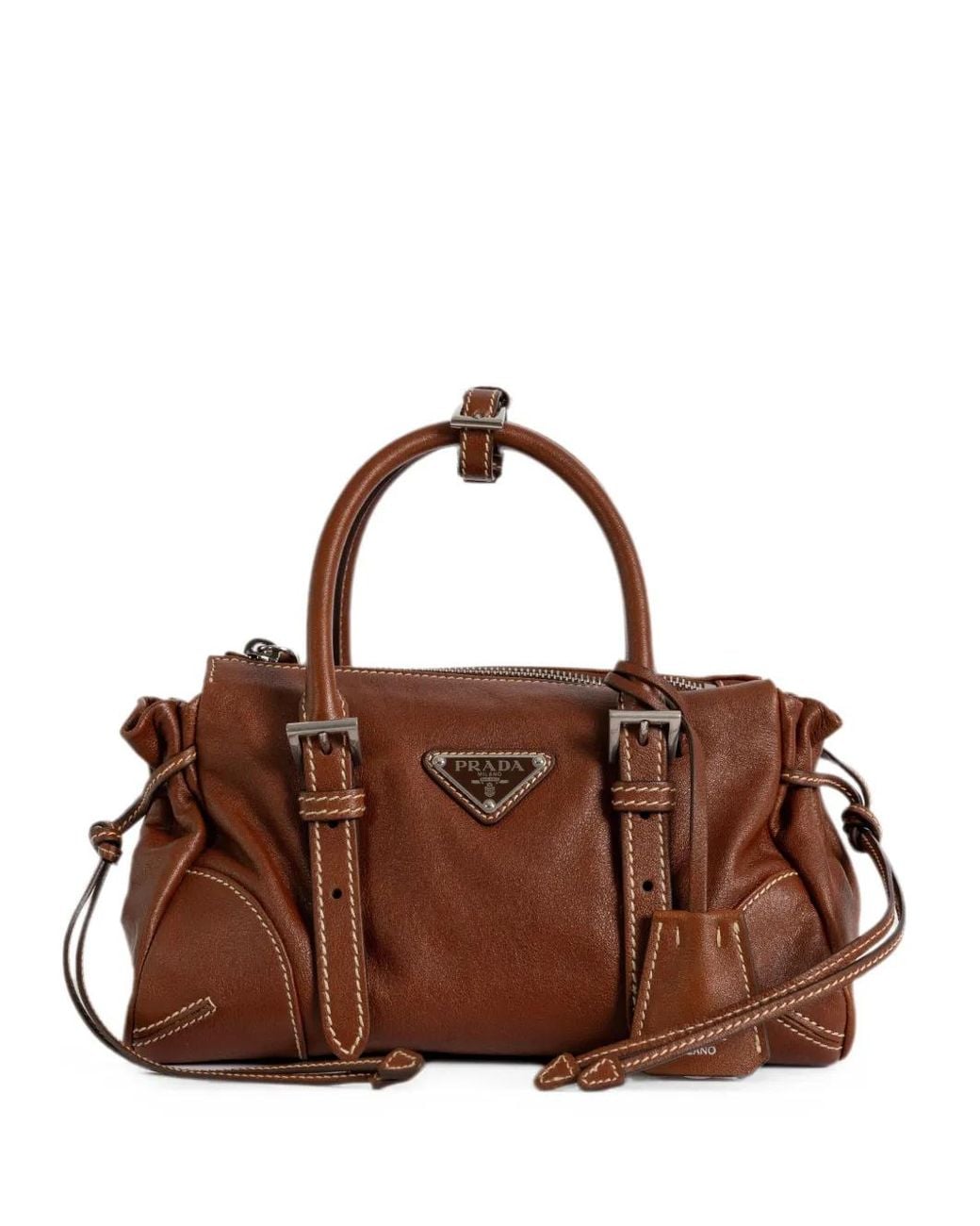 Prada Brown Bonnie Small Buckle-Detail Logo-Plaque Satchel Bag