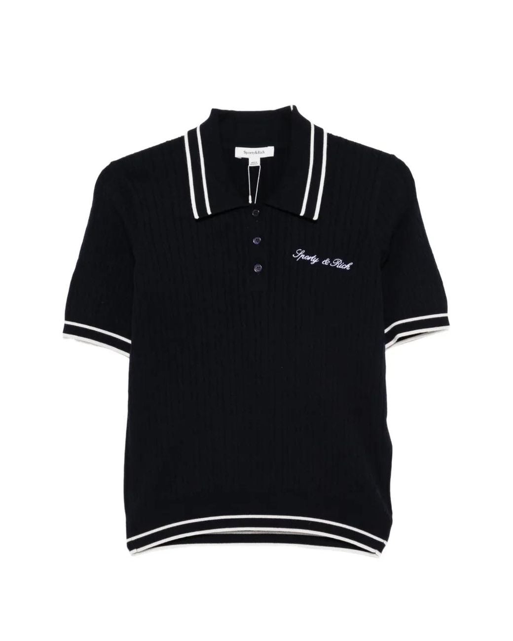 Sporty & Rich Black Cable-Knit Short-Sleeve Polo Top