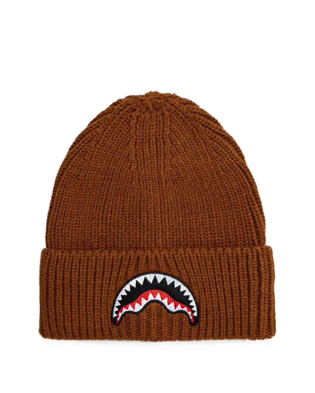 Sprayground Brown Shark Mouth Ribbed-Knit Beanie Hat