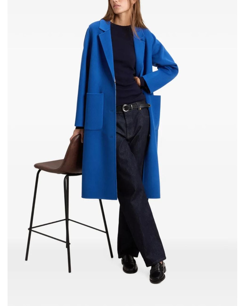 Woolrich Blue Manteau En Laine Vierge À Revers Crantés