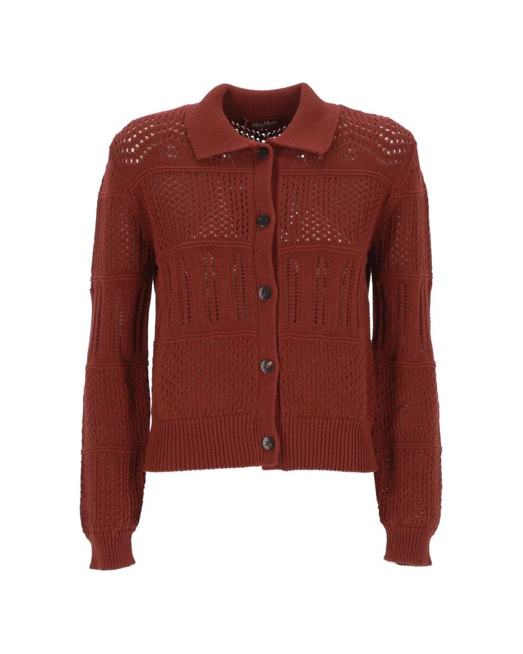 Max Mara Red Open-Knit Button-Up Cardigan