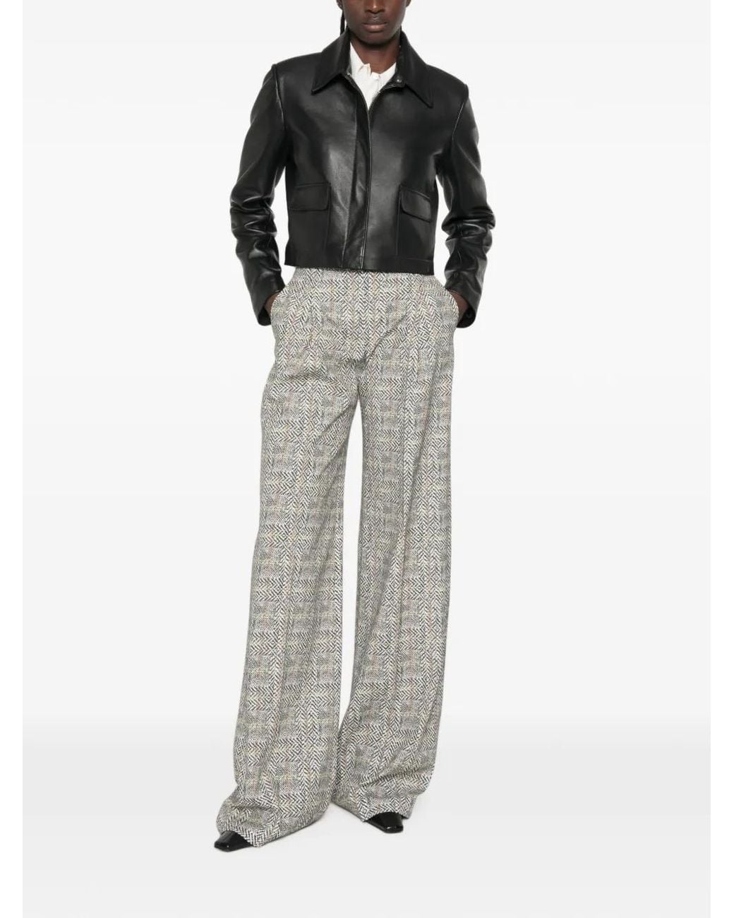 Ermanno Scervino Gray Herringbone-Pattern Palazzo Pants