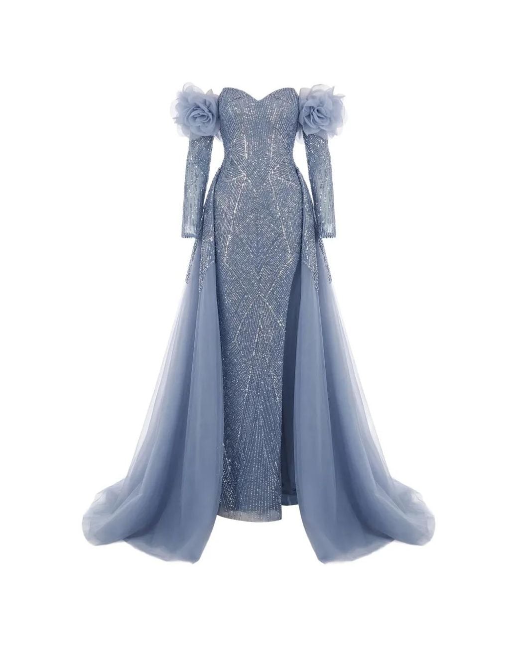Gatti Nolli by Marwan Blue Off-Shoulder Sequin-Embellished Gown