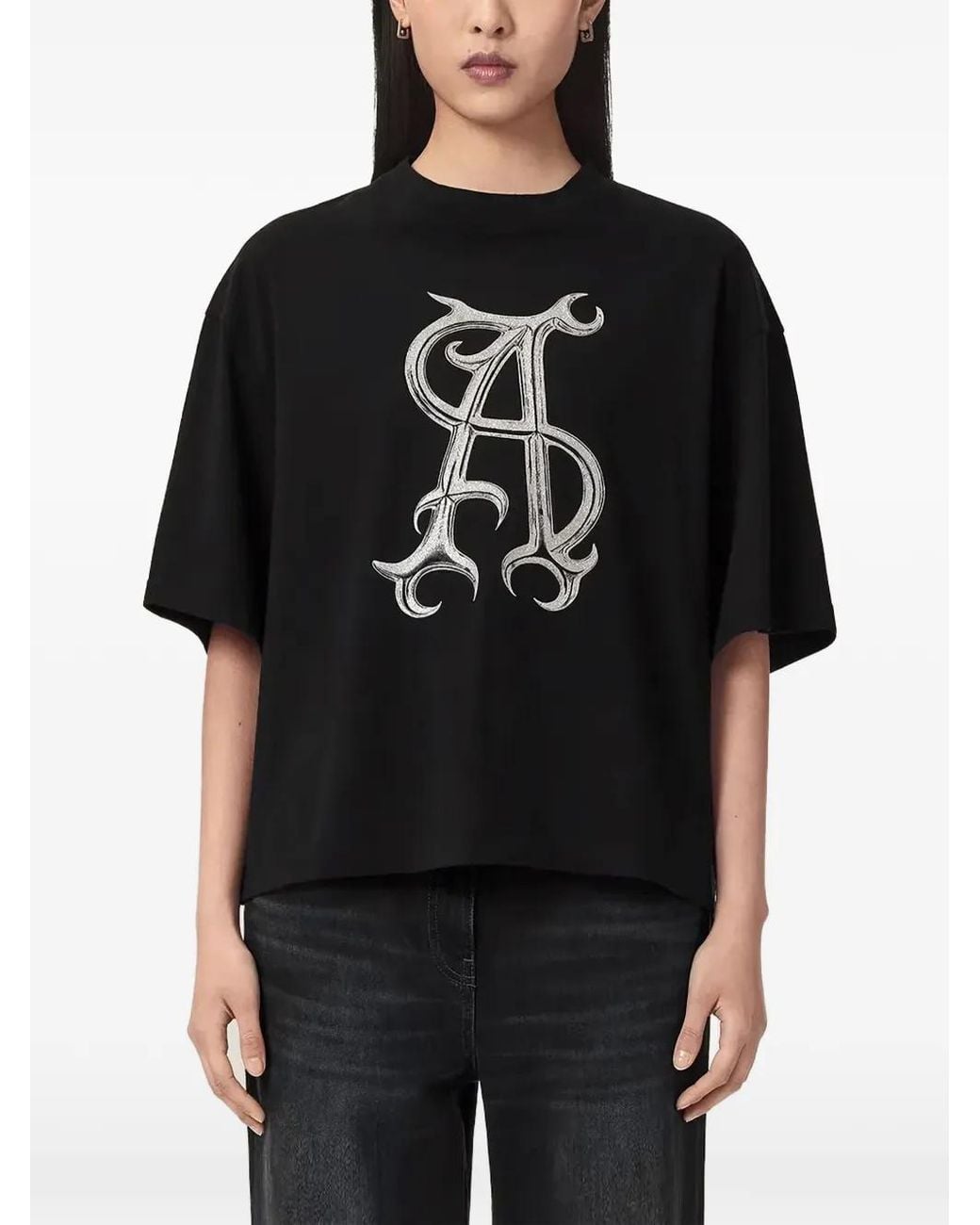 AllSaints Black Amelie Graphic-Print Oversized T-Shirt