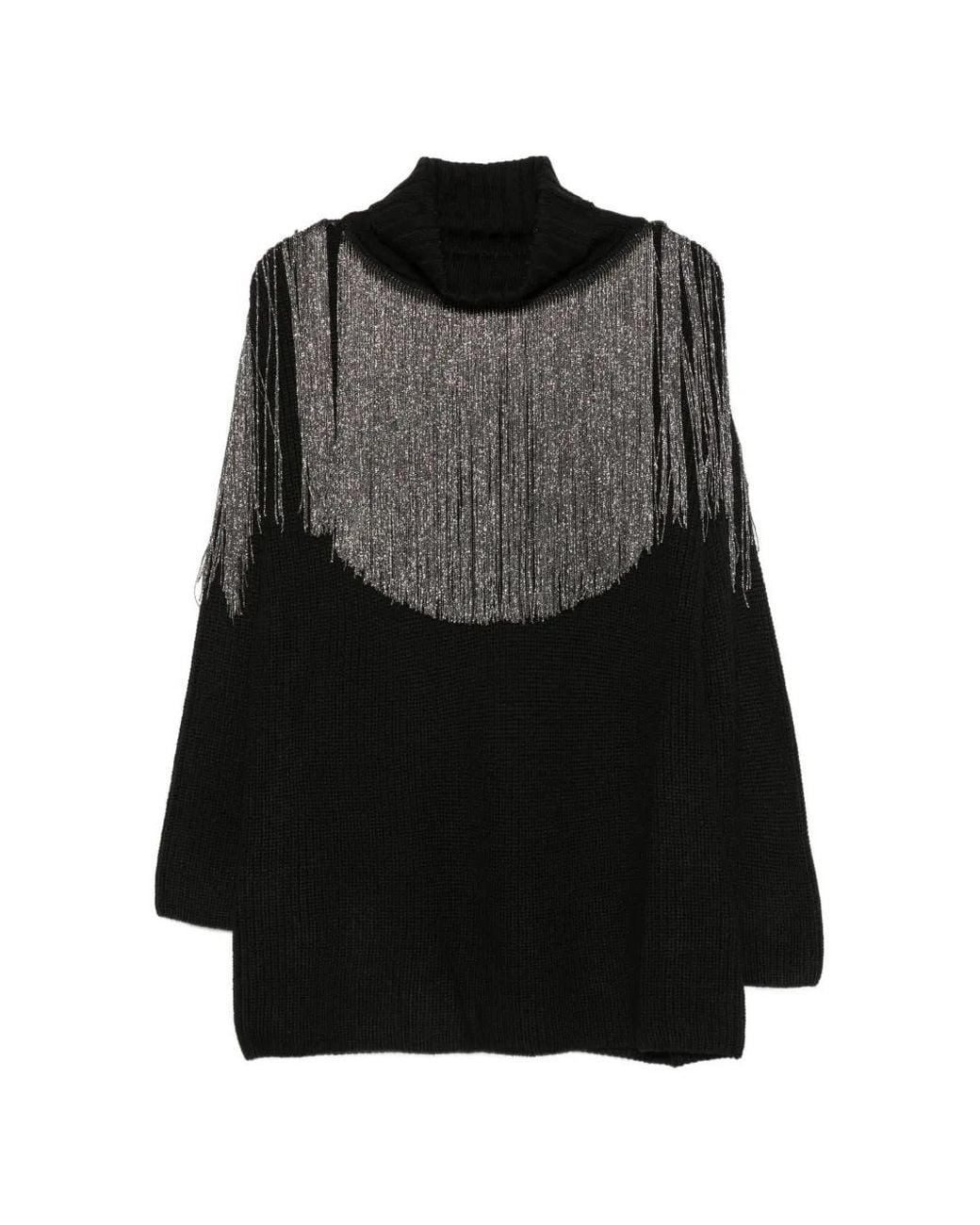 Pinko Black Pull Frangé À Col Roulé