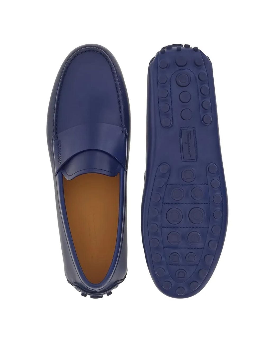 Ferragamo Blue Leather Moccasin-Toe Loafers for men