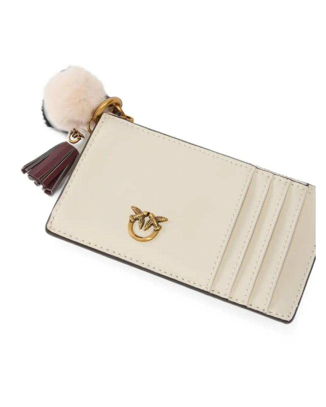 Pinko Natural Leather Card Holder With Tassel And Pompom
