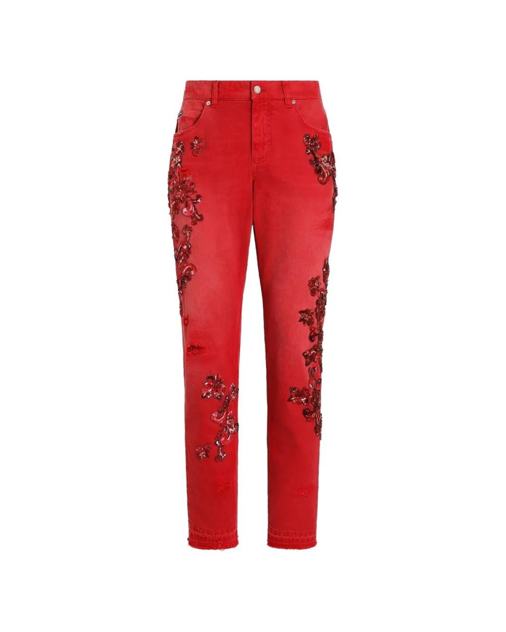 Dolce & Gabbana Red Denim Trousers With Crystals for men