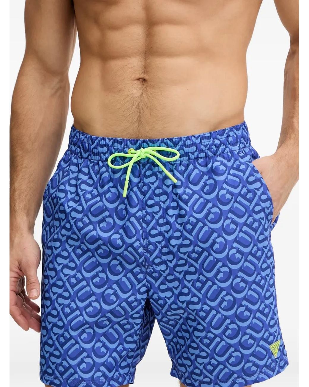 Guess Blue Logo-Print Drawstring-Waist Swim Shorts for men