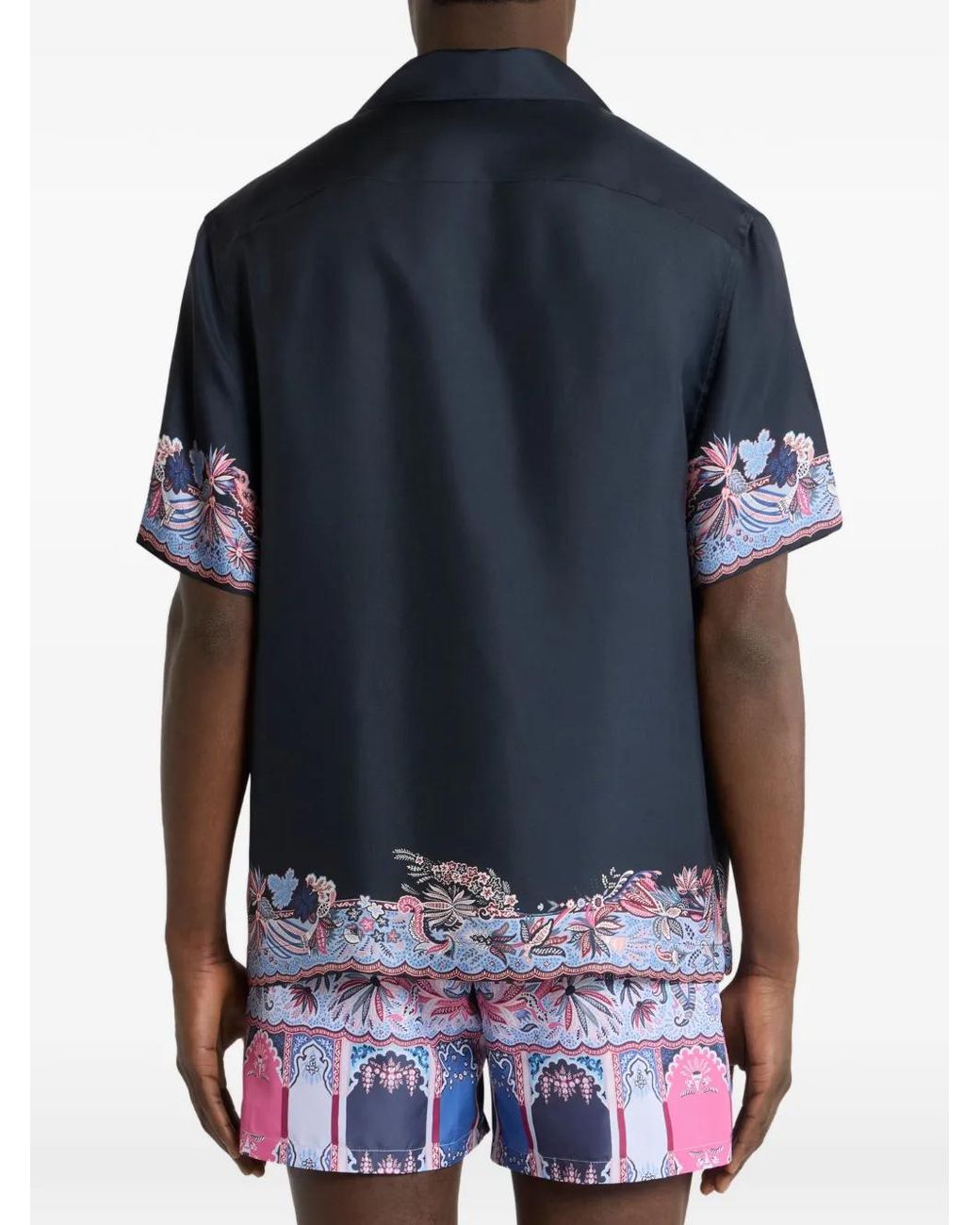 Etro Blue Cotton Bowling Shirt With Placed Parrot Print for men
