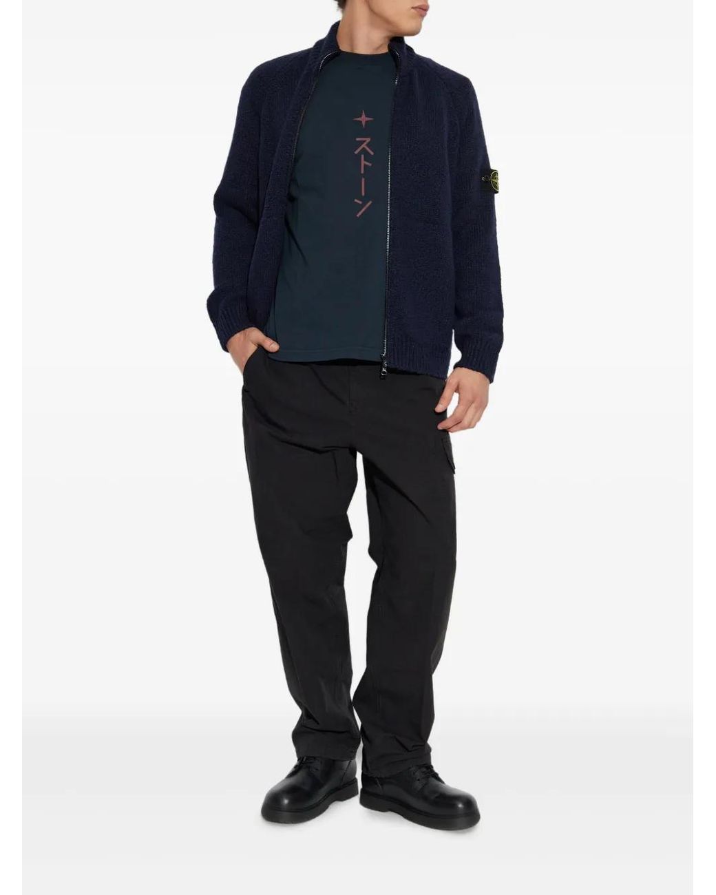Stone Island Blue Zip-Front Patch-Pocket Wool Sweater for men