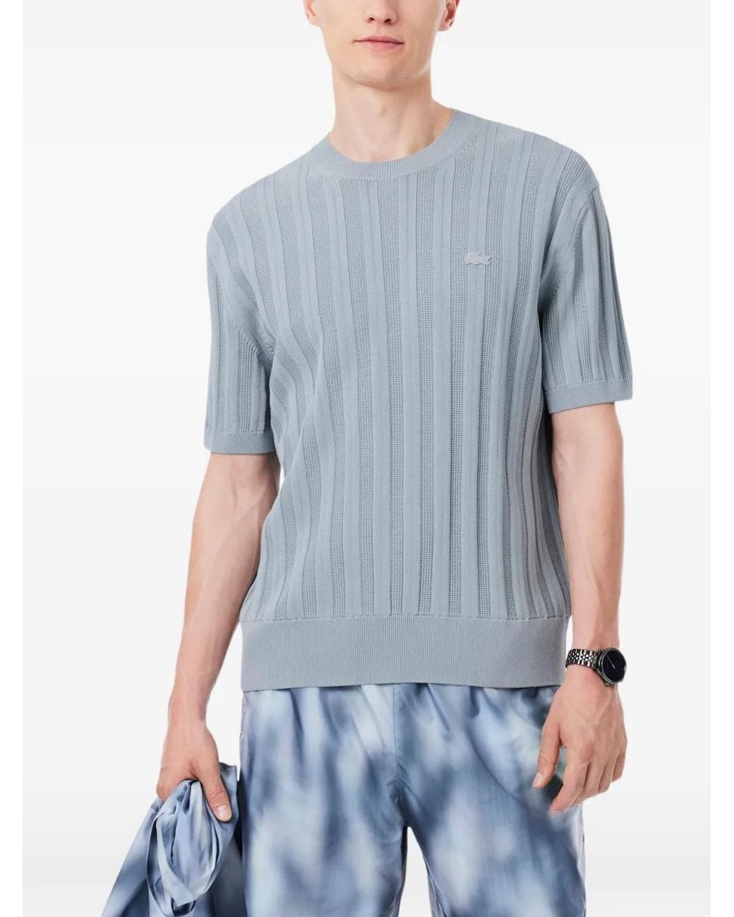 Lacoste Blue Ribbed-Knit Embroidered-Logo T-Shirt for men