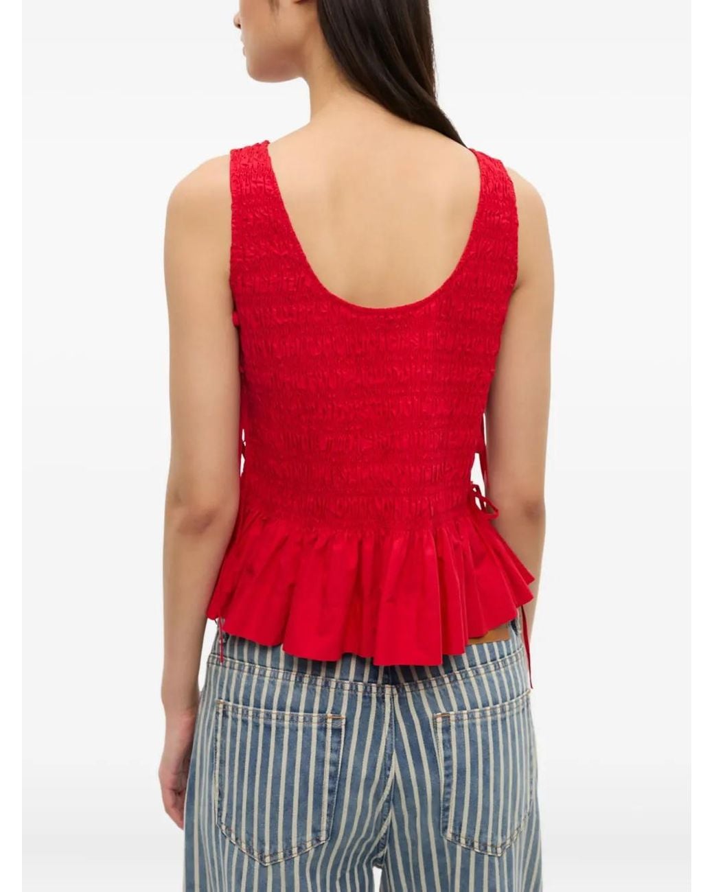 Ganni Red Smocked Tie-Fastening Top
