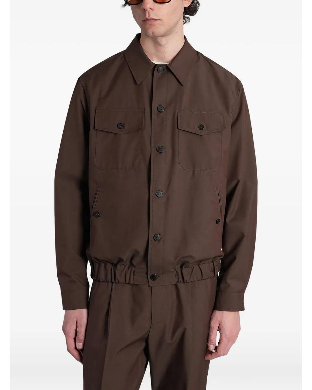 Grayed Brown Elasticated-Hem Button-Up Jacket for men