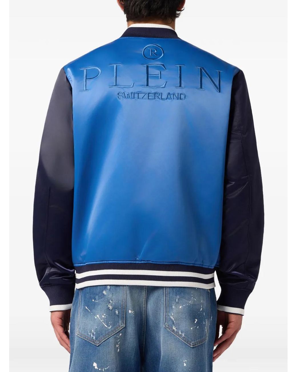 Philipp Plein Blue Satin College Bomber Logo for men