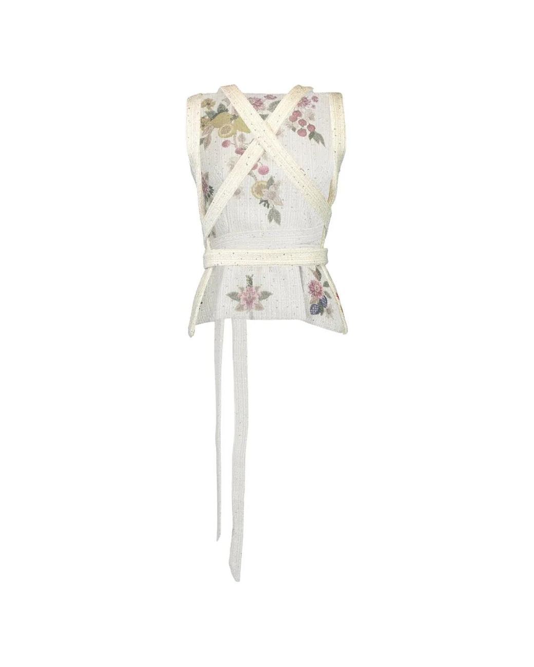 Mary Katrantzou White Juda Floral-Embroidered Tie-Waist Top