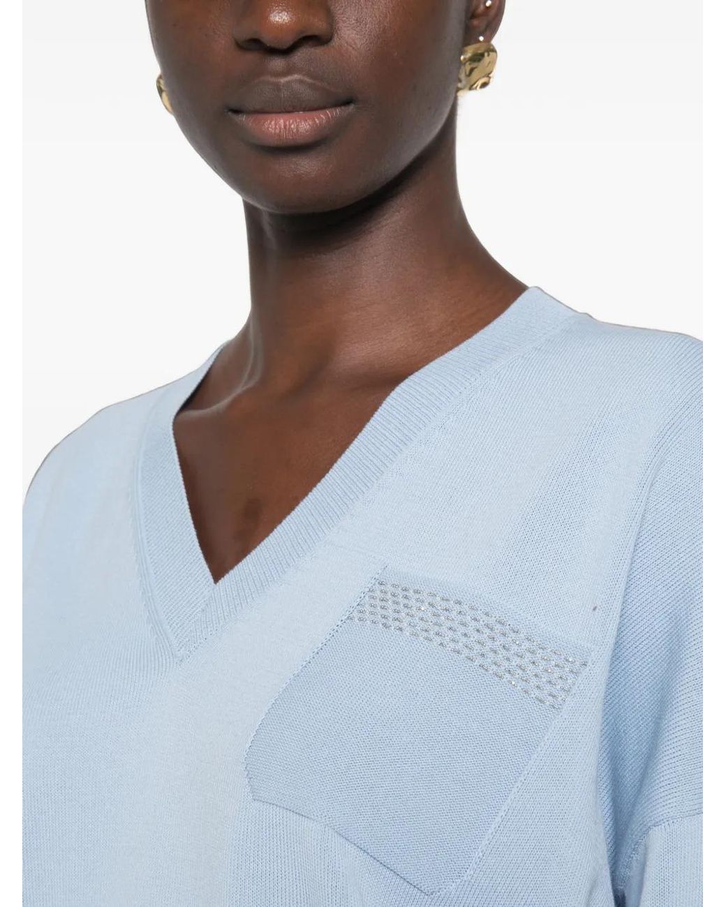 Peserico Blue Embellished V-Neck Sweater