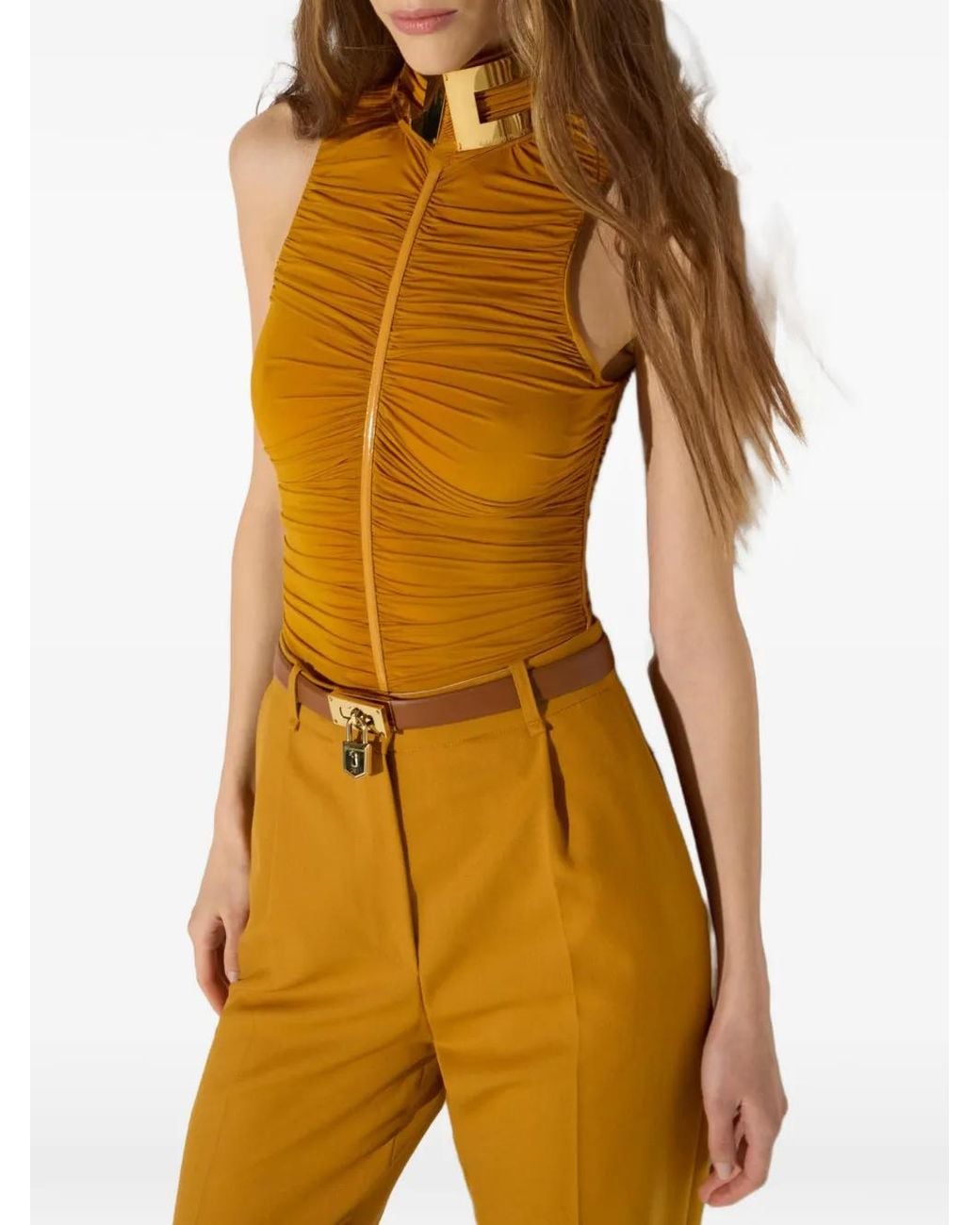 Elisabetta Franchi Yellow Ruched Jewel-Collar Bodysuit
