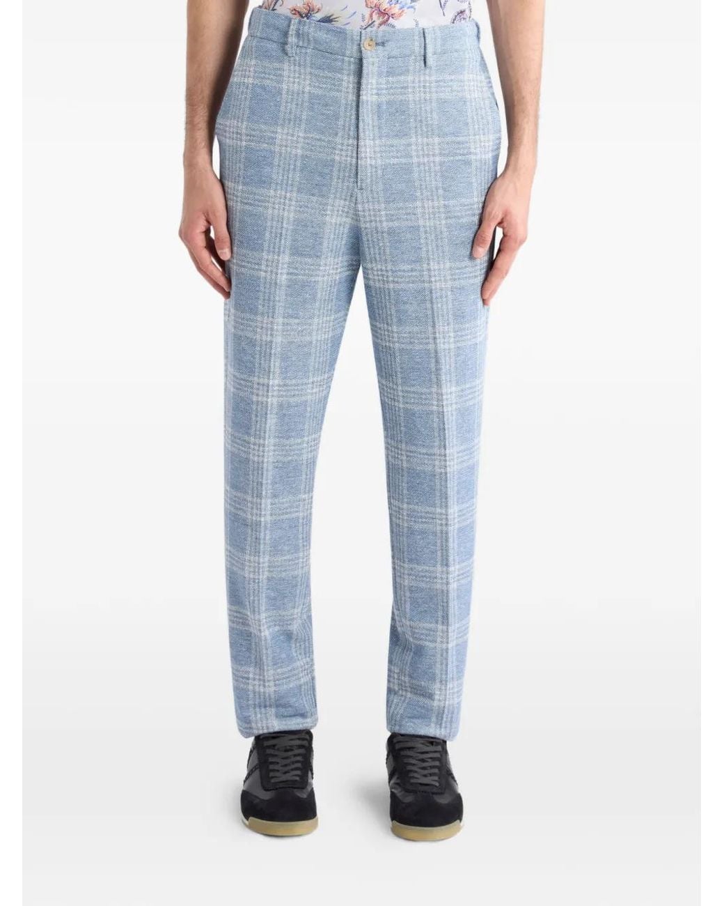 Etro Blue Linen- And Cotton-Blend Jersey Trousers With Maxi Check Motif for men