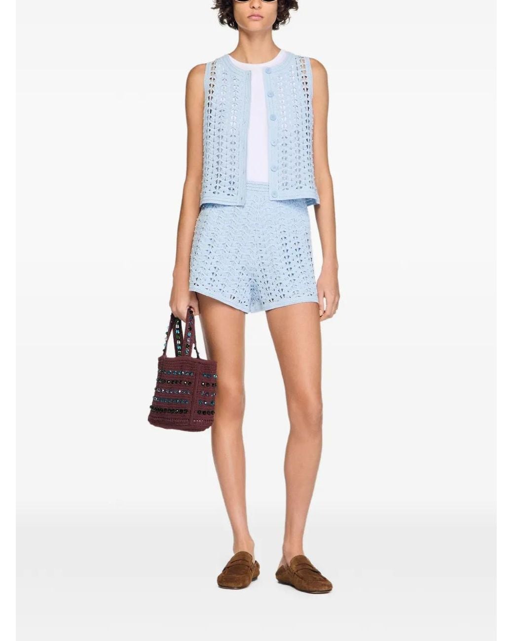 Sandro Blue High-Waisted Beaded Crochet Shorts