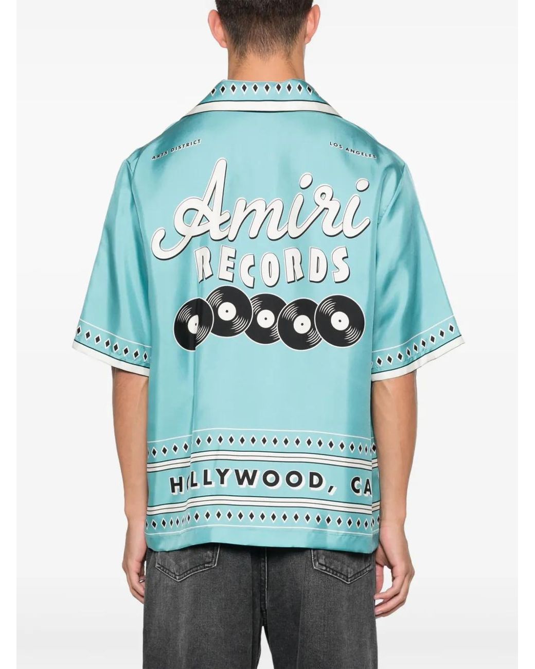 Amiri Blue Record Print Short Sleeve Silk Camp Shirt for men