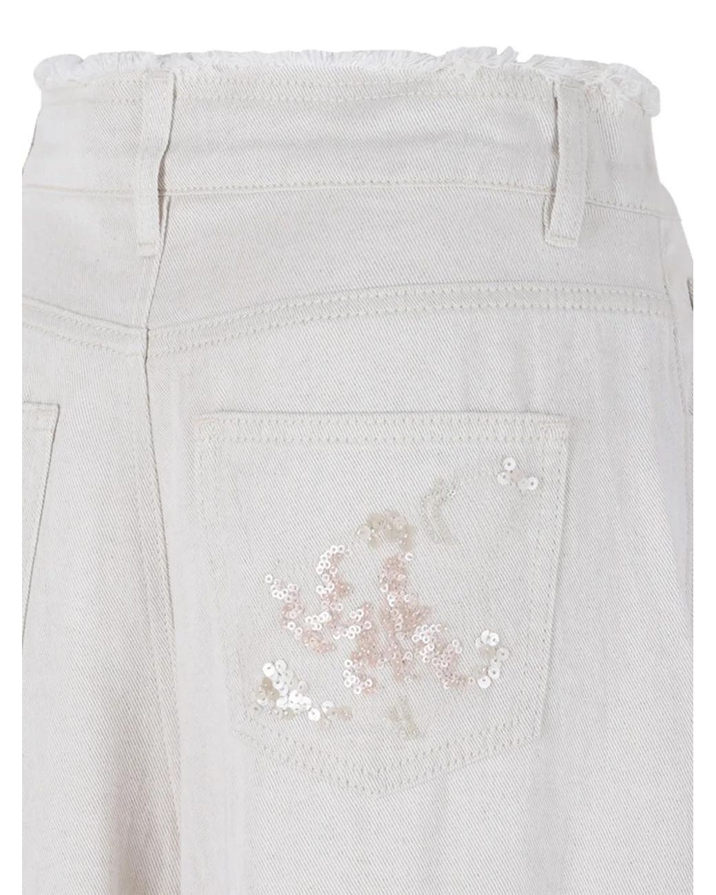 Hui Milano White Sequin-Embellished Frayed-Edge Jeans