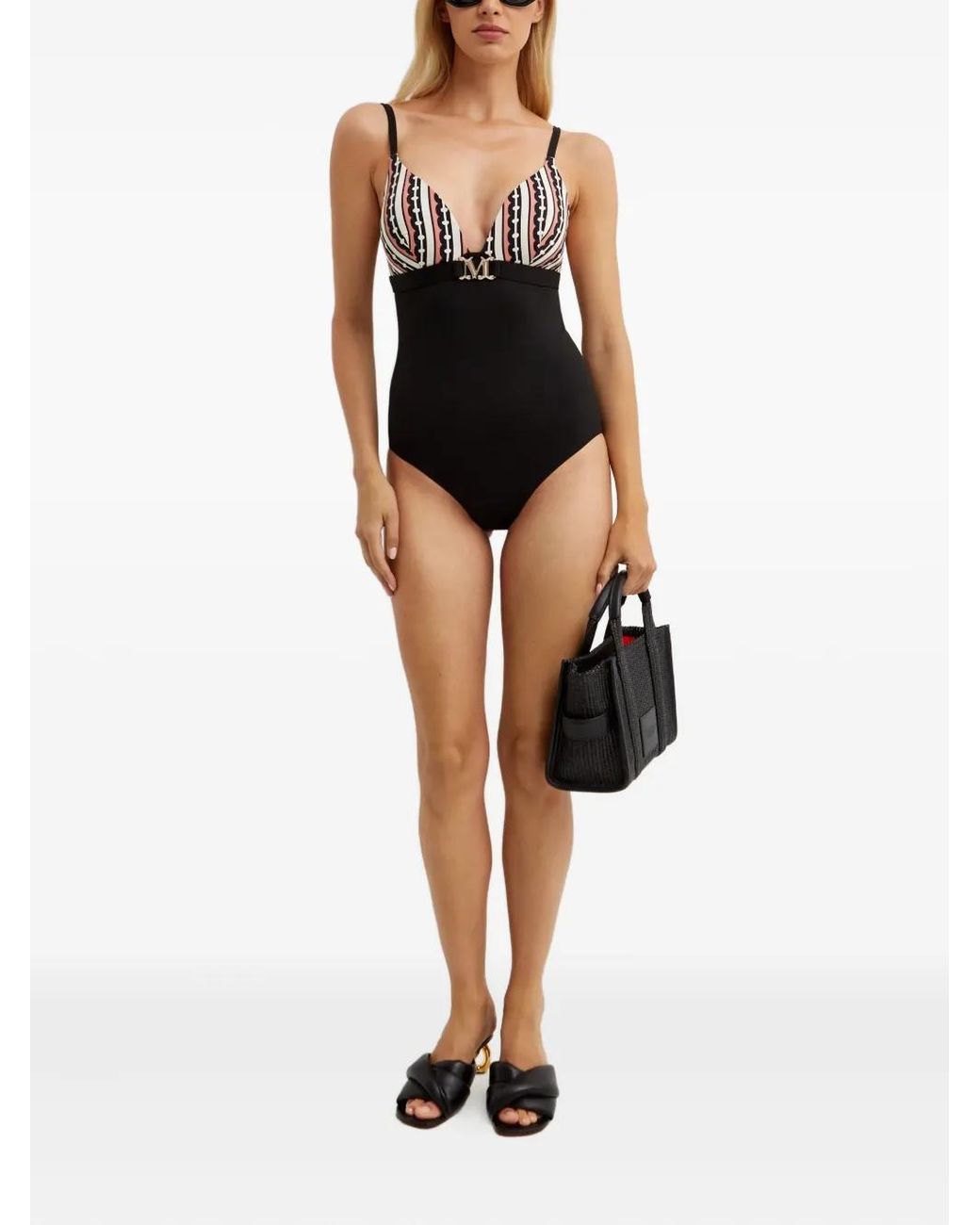 Max Mara Black Crystal Monogram-Print Swimsuit