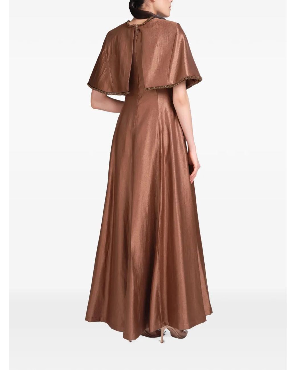 Baruni Brown Maxi Beaded-Trim Cape-Style Dress