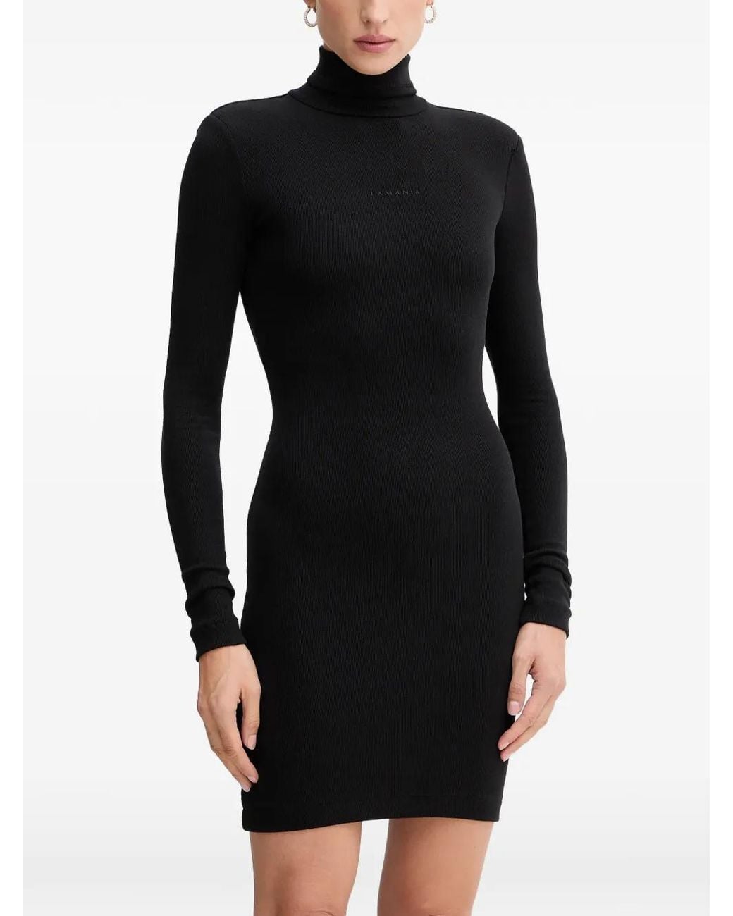 La Mania Black Ribbed-Knit Roll-Neck Mini Dress