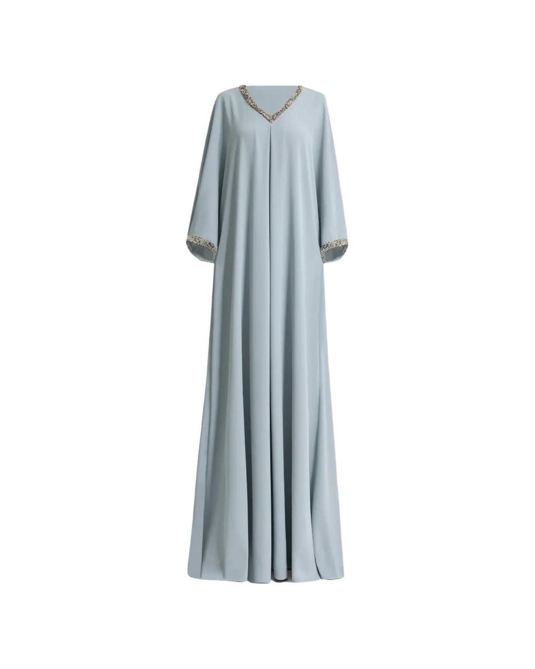 Gemy Maalouf Blue Beaded V-Neckline Maxi Kaftan