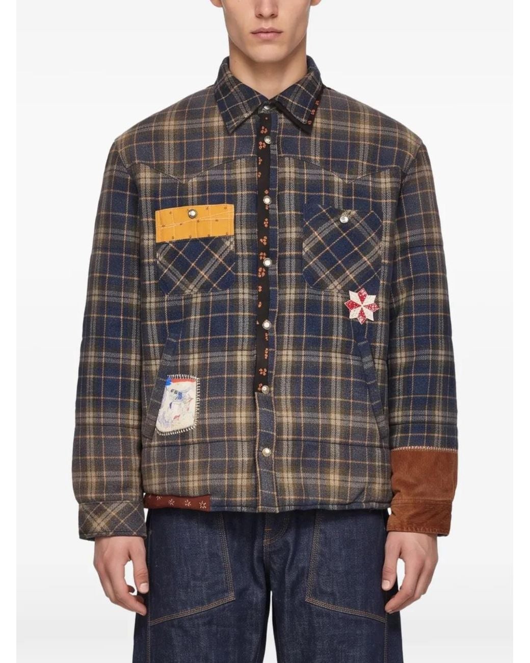 KHOKI Blue Patchwork-Detail Checked-Pattern Shirt Jacket for men