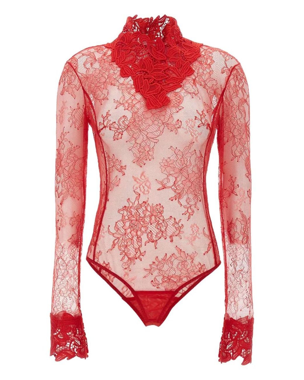 Blumarine Red Floral-Lace High-Neck Bodysuit