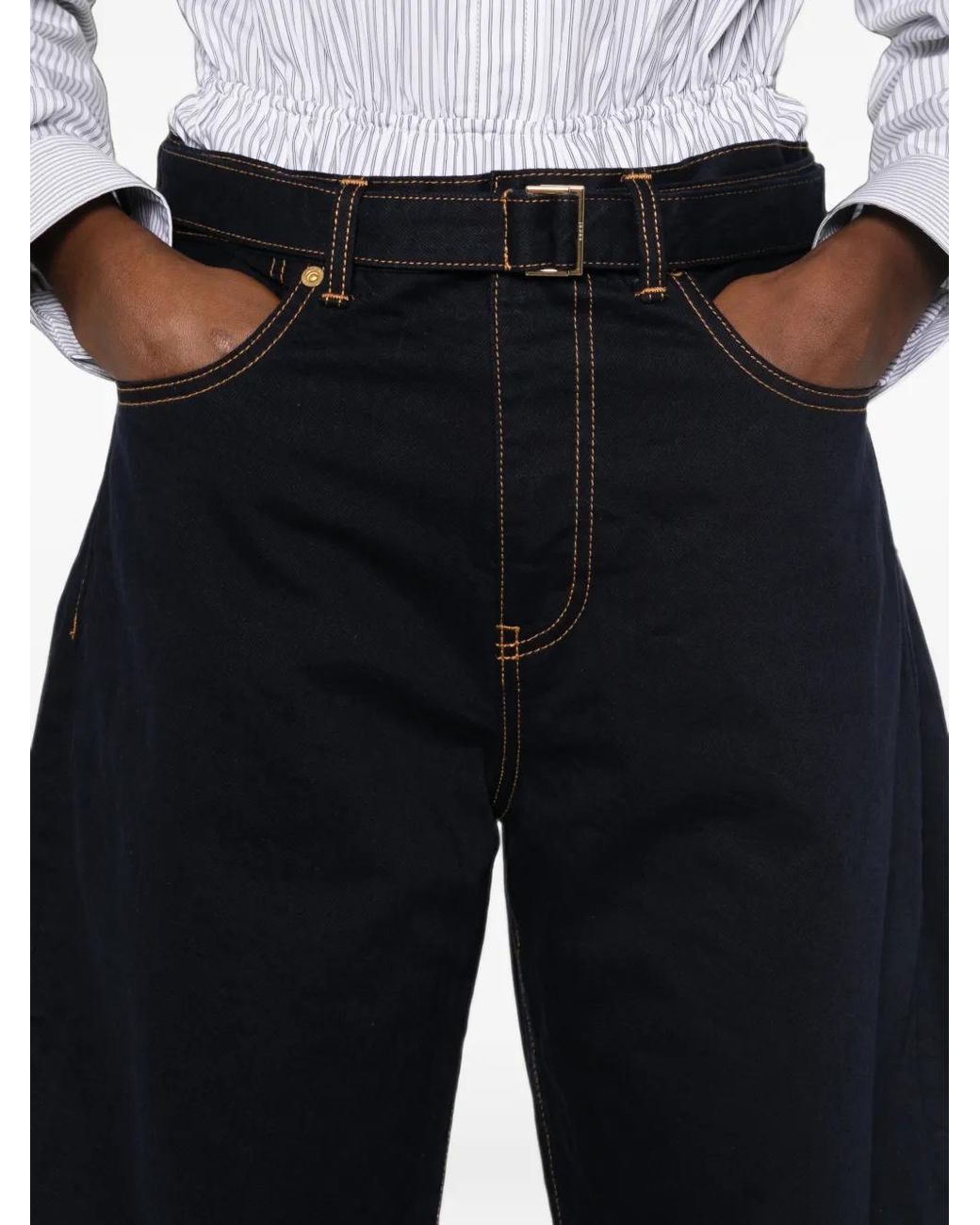 Sacai Blue Belted Contrast-Stitch Jeans