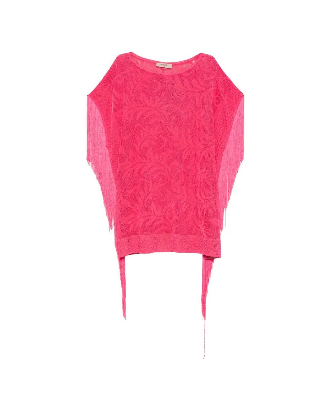 Twinset Pink Fringe-Trim Mesh Sweater