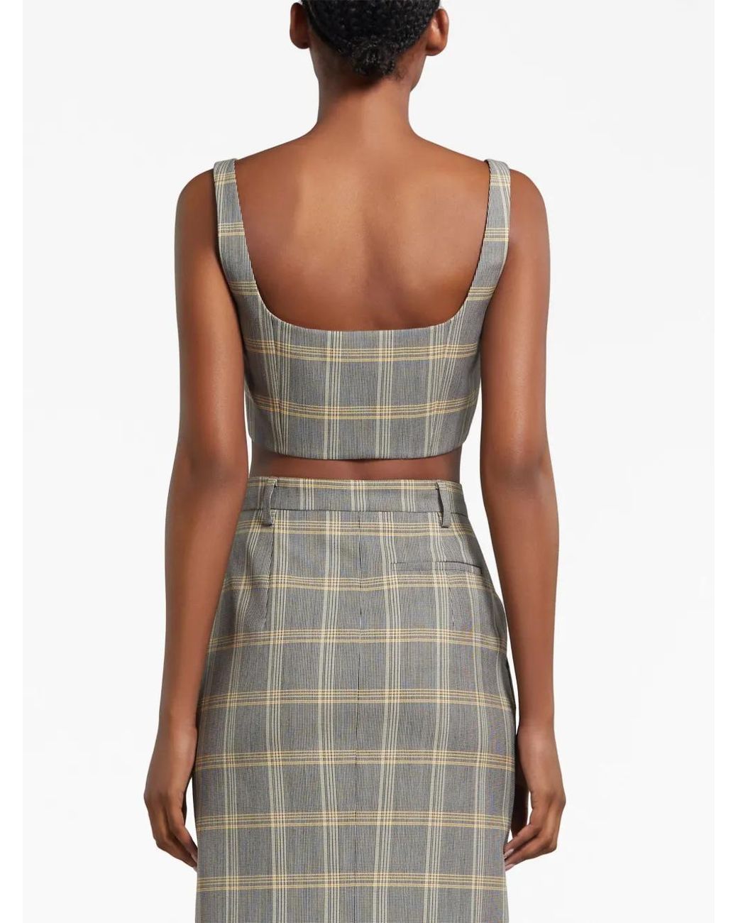 Marni Gray Cropped Check Print Top With Button Closure