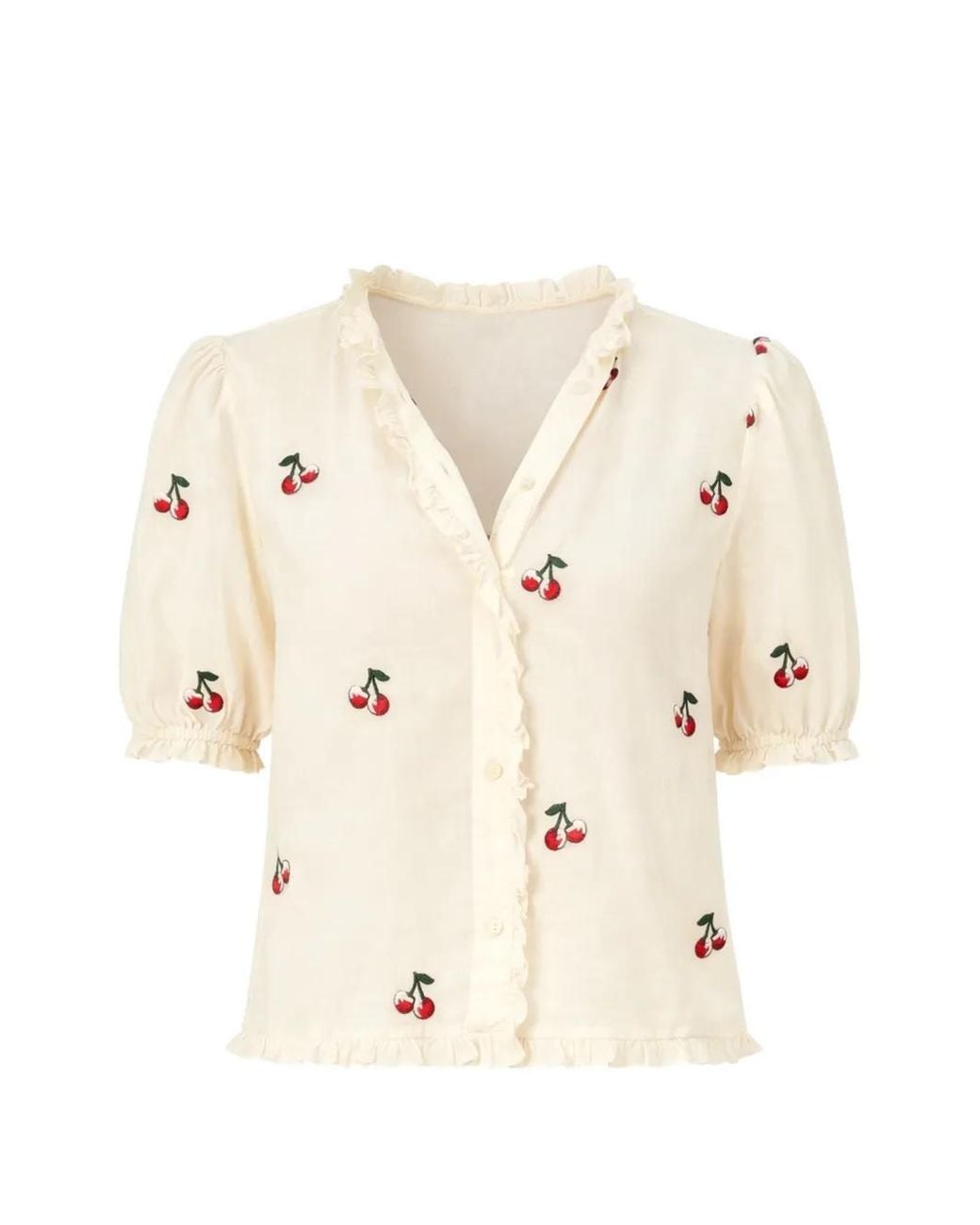 Twinset Natural Cropped Ramie Shirt With Cherry Embroidery