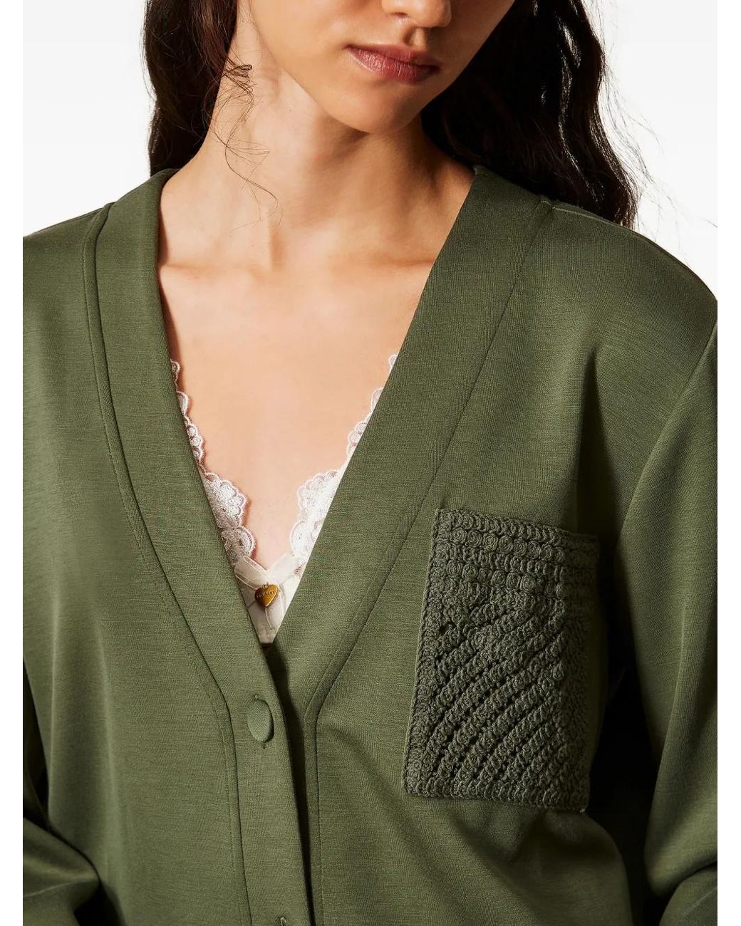 Twinset Green Scuba Crochet-Detail Cardigan